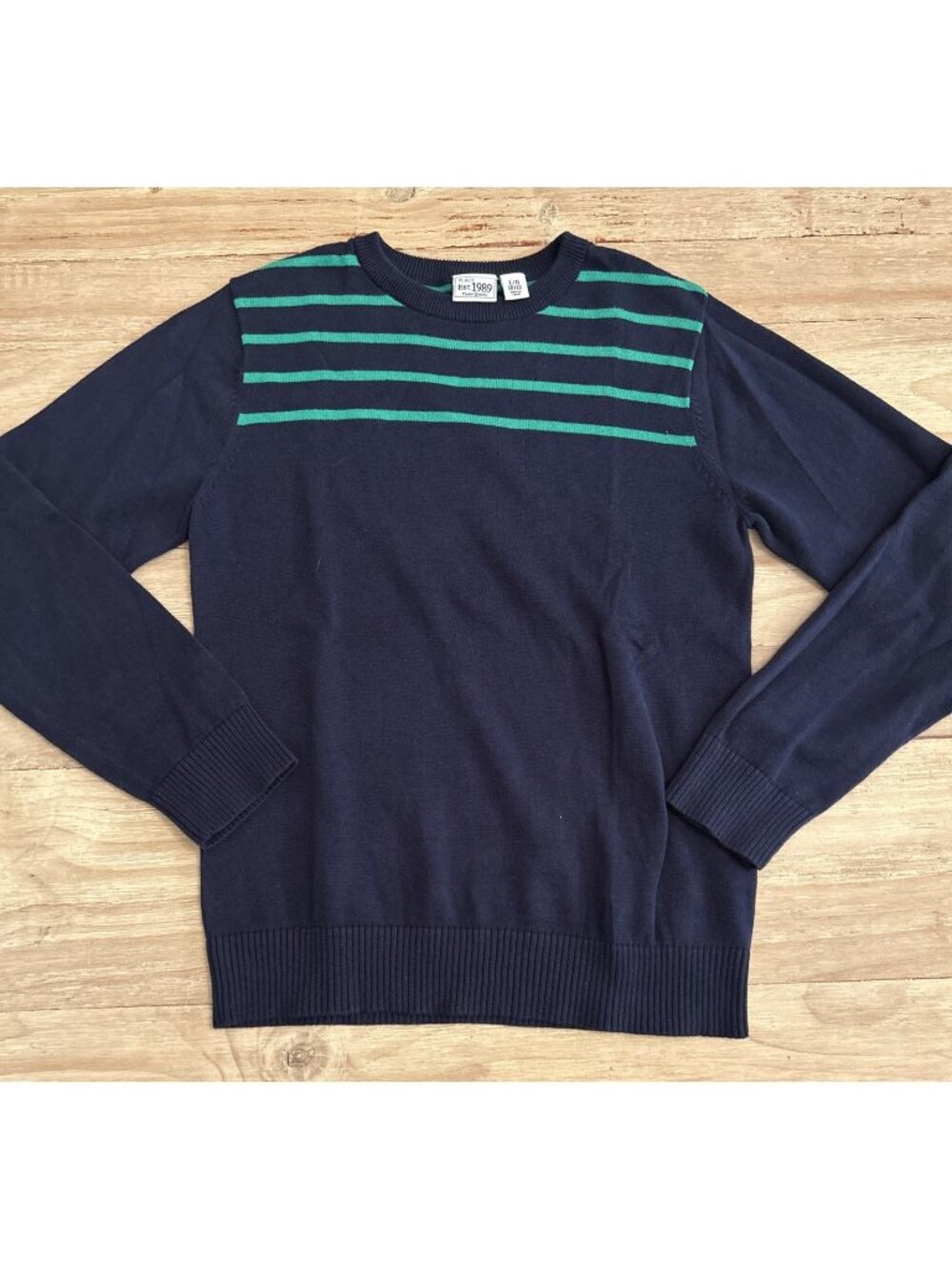 The Children's Place Sweater L 10/12 Navy Blue Green Striped Long Sleeve NEW